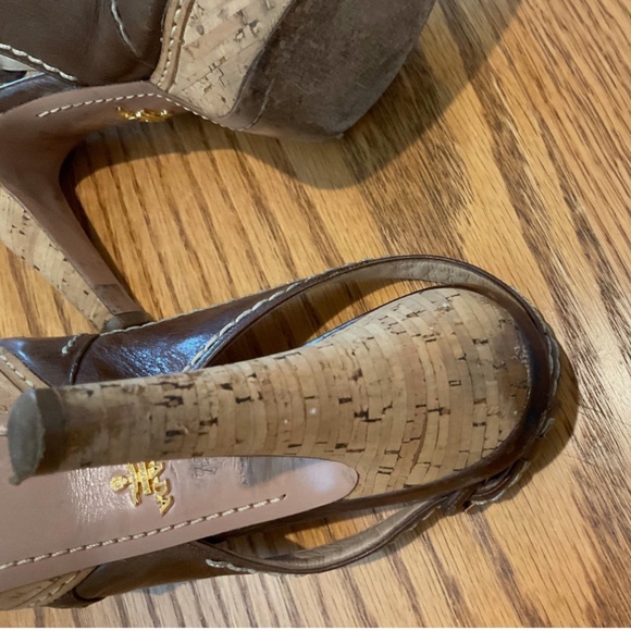 Prada Brown Leather Cork Wedge Sandals Size 36.5 (6 1/2) - Slingback Peep Toe - Picture 14 of 16